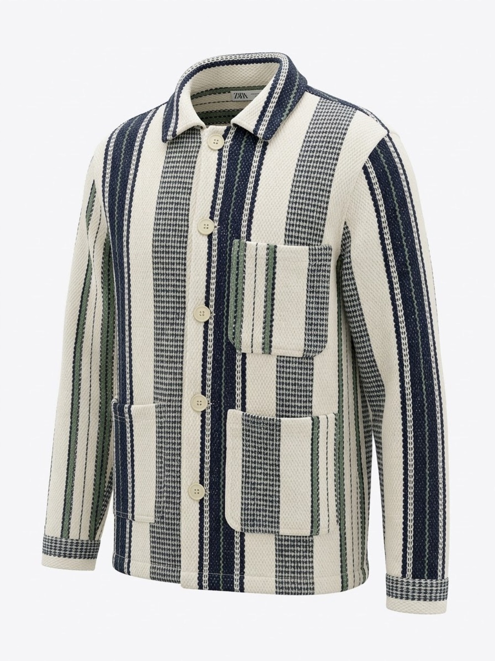 ZARA Mens Striped Shacket Jacket Button Front Pockets Cream Navy Green Size S